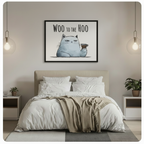 Woo to the Hoo grumpy cat coffee illustration framed art print above bed in minimalist neutral bedroom