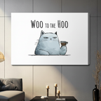 Woo to the Hoo humorous grumpy cat with espresso cup canvas wrap print displayed on grey living room wall