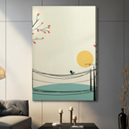 Japanese style bird on power line canvas wrap art hung in a bright living room with neutral tones and warm decor
