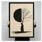 Person holding a black framed minimalist zen ink art solitary figure silhouette merging with half moon and bare tree branches art print on warm beige background against a light gray backdrop