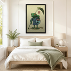 Whimsical zen frog traveler in kimono framed canvas wall art hung above bed as a serene East Asian-inspired bedroom accent